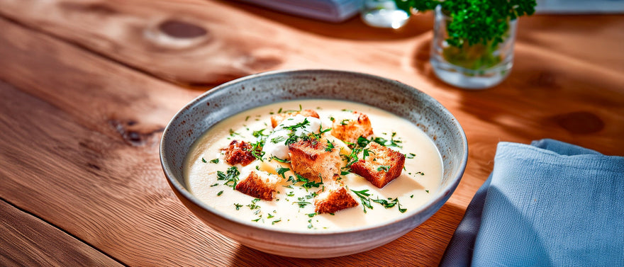 Kartoffel-Käsesuppe mit Röstbrotwürfeln
