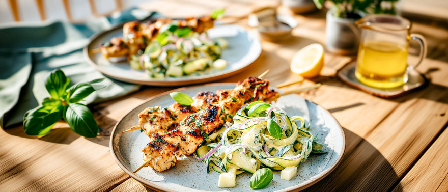 Gegrillte Hähnchenspieße mit Zucchini-Apfelsalat