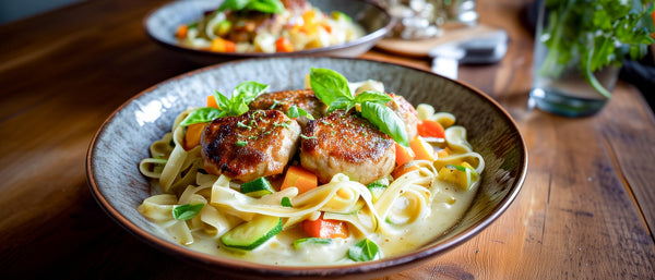 Feiner Gemüseteller mit Schweinemedaillons in Weinrahmsoße