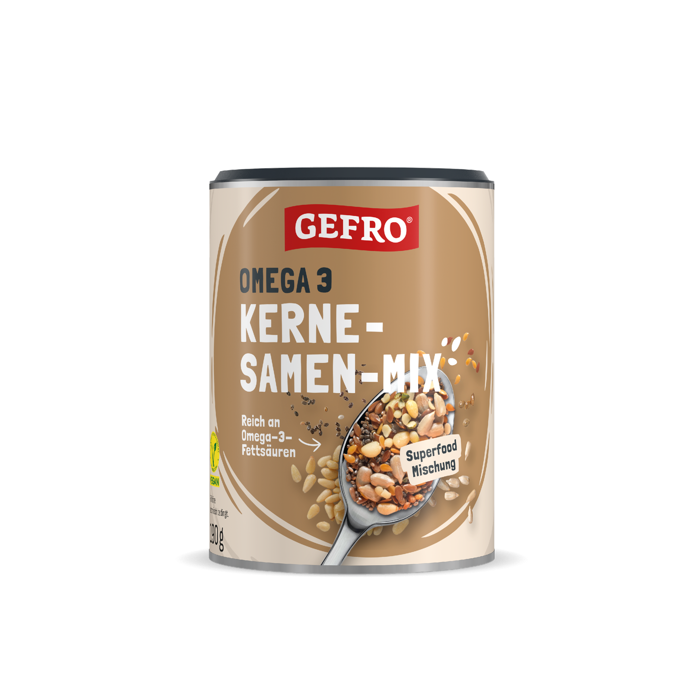Dose Gefro Omega 3 Kerne-Samen-Mix, Superfood-Mischung mit reichhaltigen Omega-3-Fettsäuren, frontal gezeigt