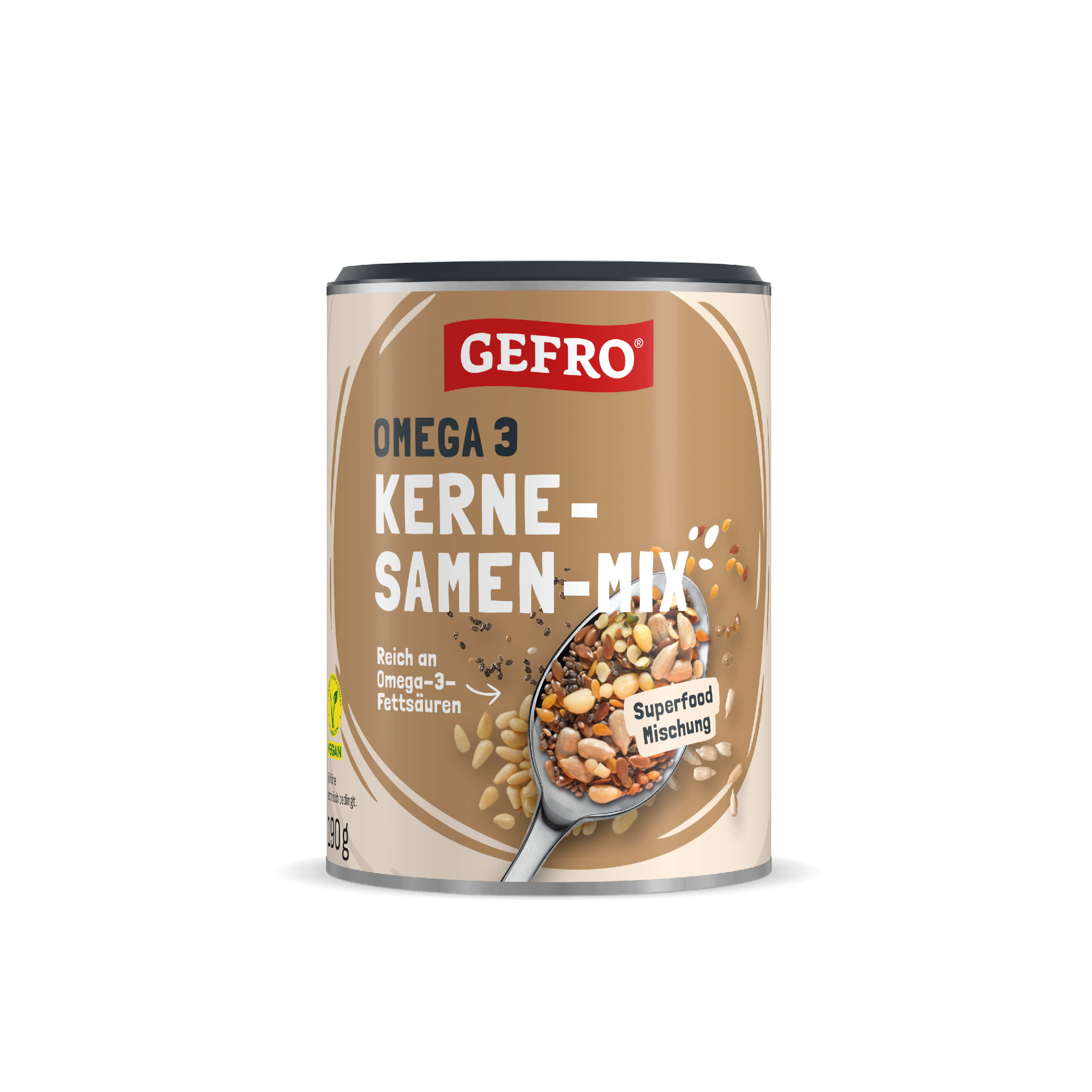 Dose Gefro Omega 3 Kerne-Samen-Mix, Superfood-Mischung mit reichhaltigen Omega-3-Fettsäuren, frontal gezeigt