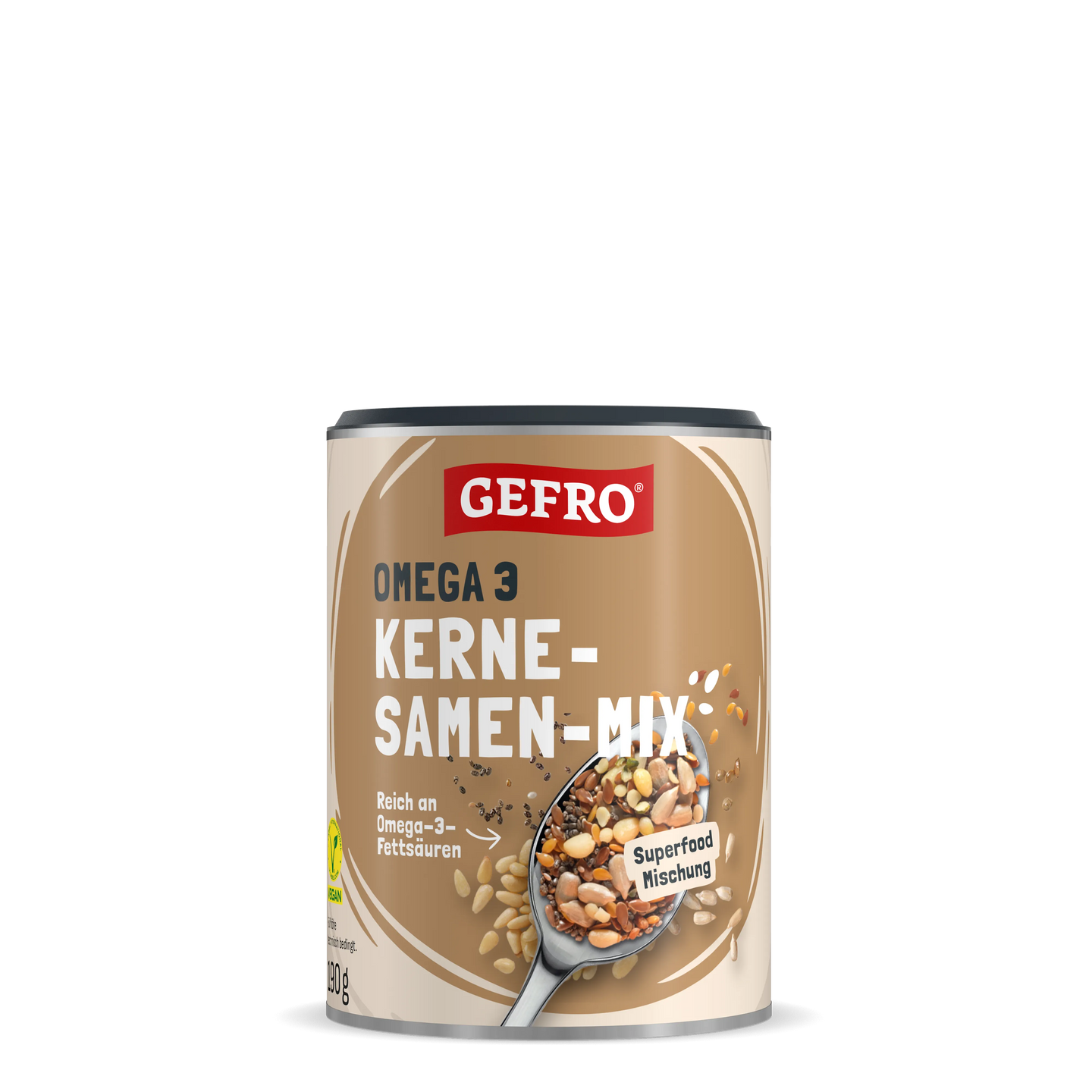 GEFRO Omega-3 Kernesamen-Mix in Dose, Superfood-Mischung mit Samen und Kernen, Frontansicht des Produkts