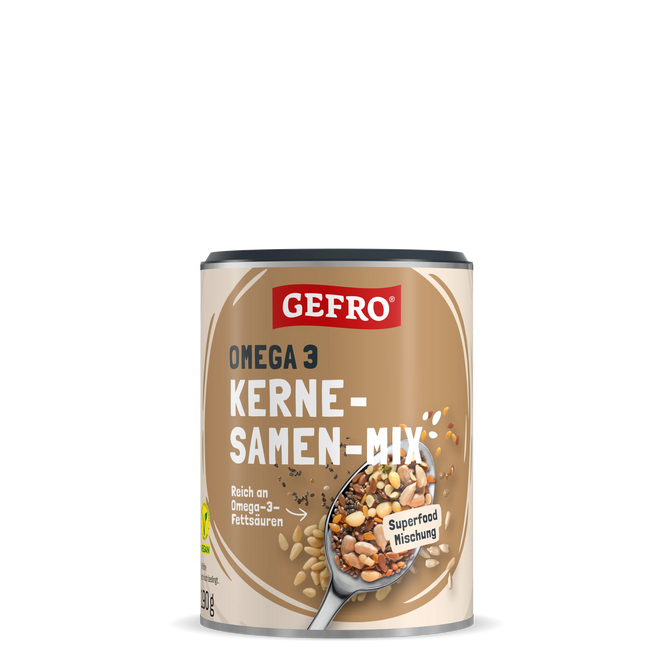 GEFRO Omega-3 Kernesamen-Mix in Dose, Superfood-Mischung mit Samen und Kernen, Frontansicht des Produkts