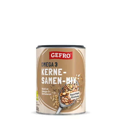 Dose Gefro Omega 3 Kerne-Samen-Mix, Superfood-Mischung mit Saaten und Nüssen auf weißem Hintergrund