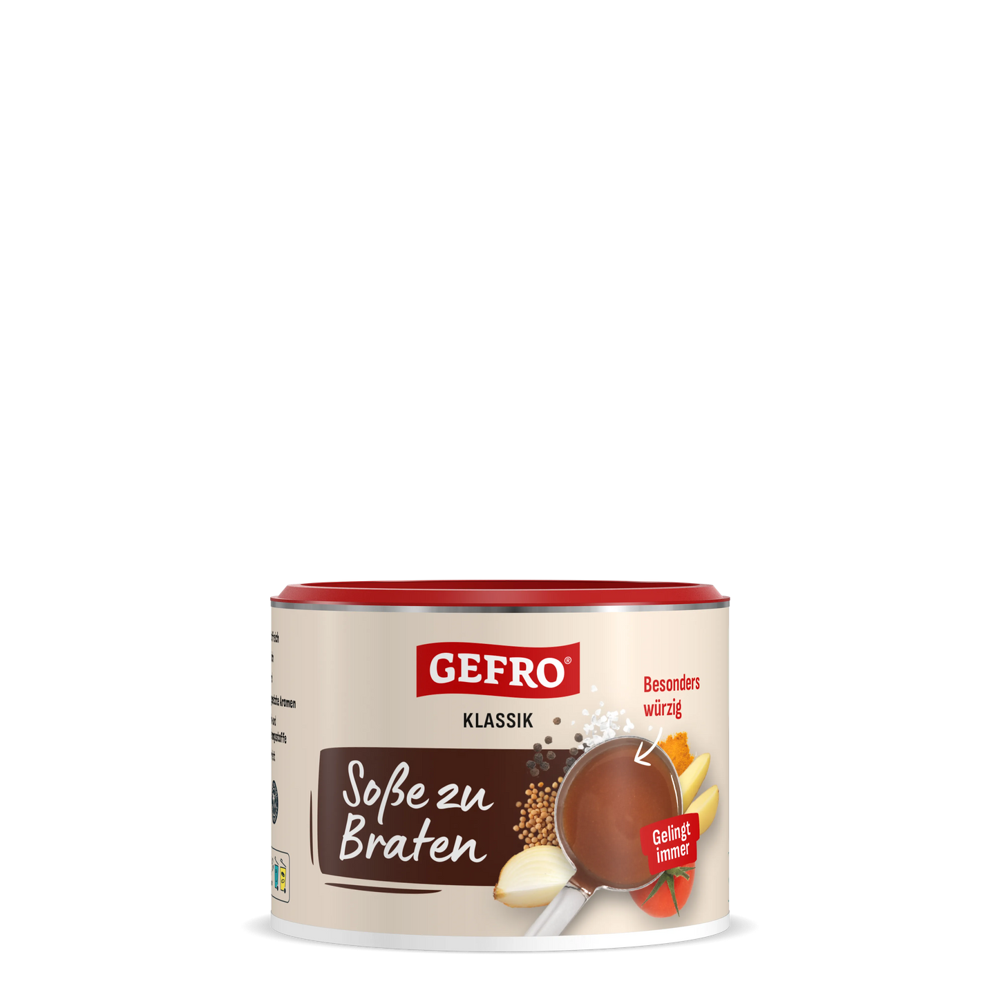 Dose GEFRO Klassik Soße zu Braten mit rotem Deckel, Vorderansicht der würzigen Bratensoße zum Kochen und Verfeinern