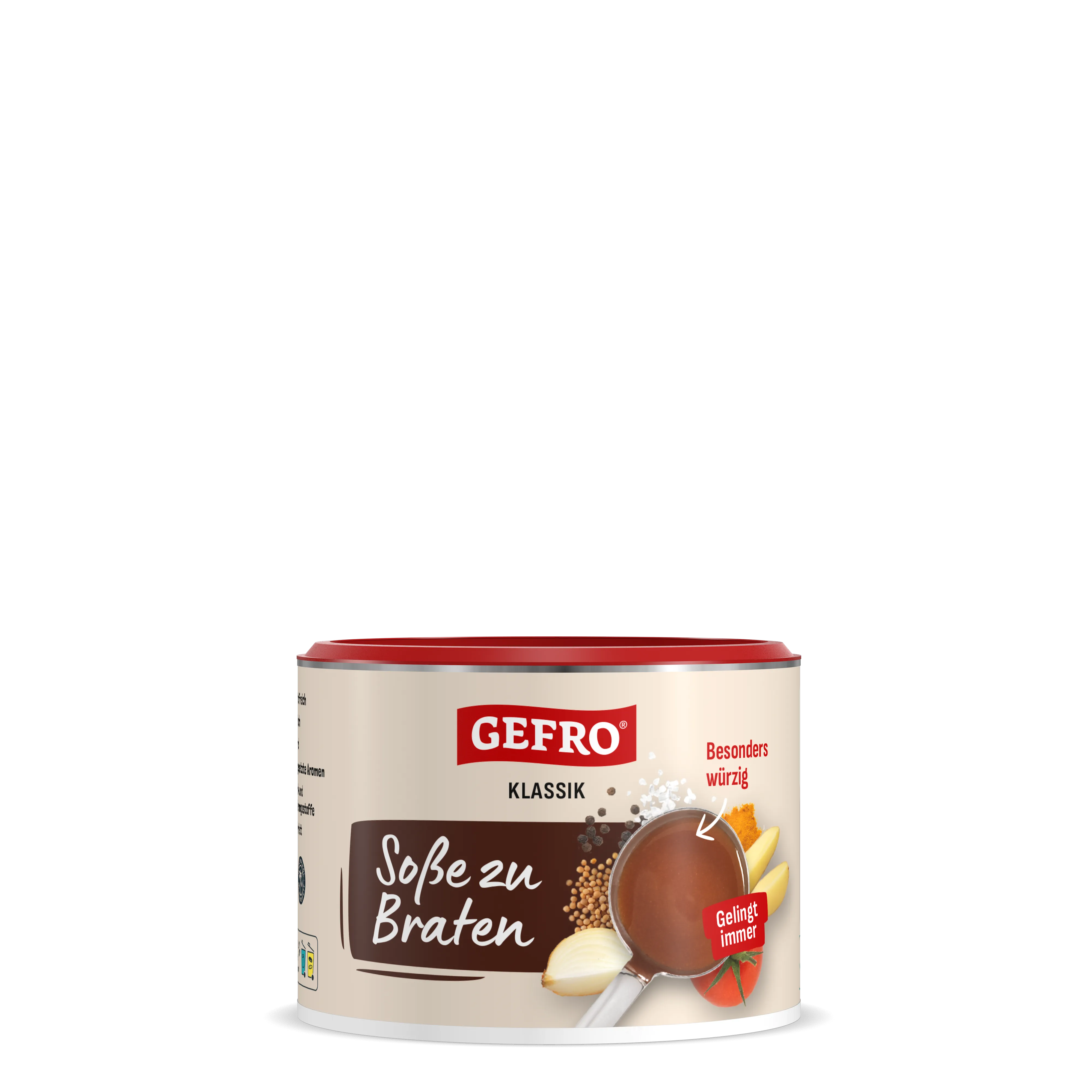 Dose GEFRO Klassik Soße zu Braten mit rotem Deckel, Vorderansicht der würzigen Bratensoße zum Kochen und Verfeinern