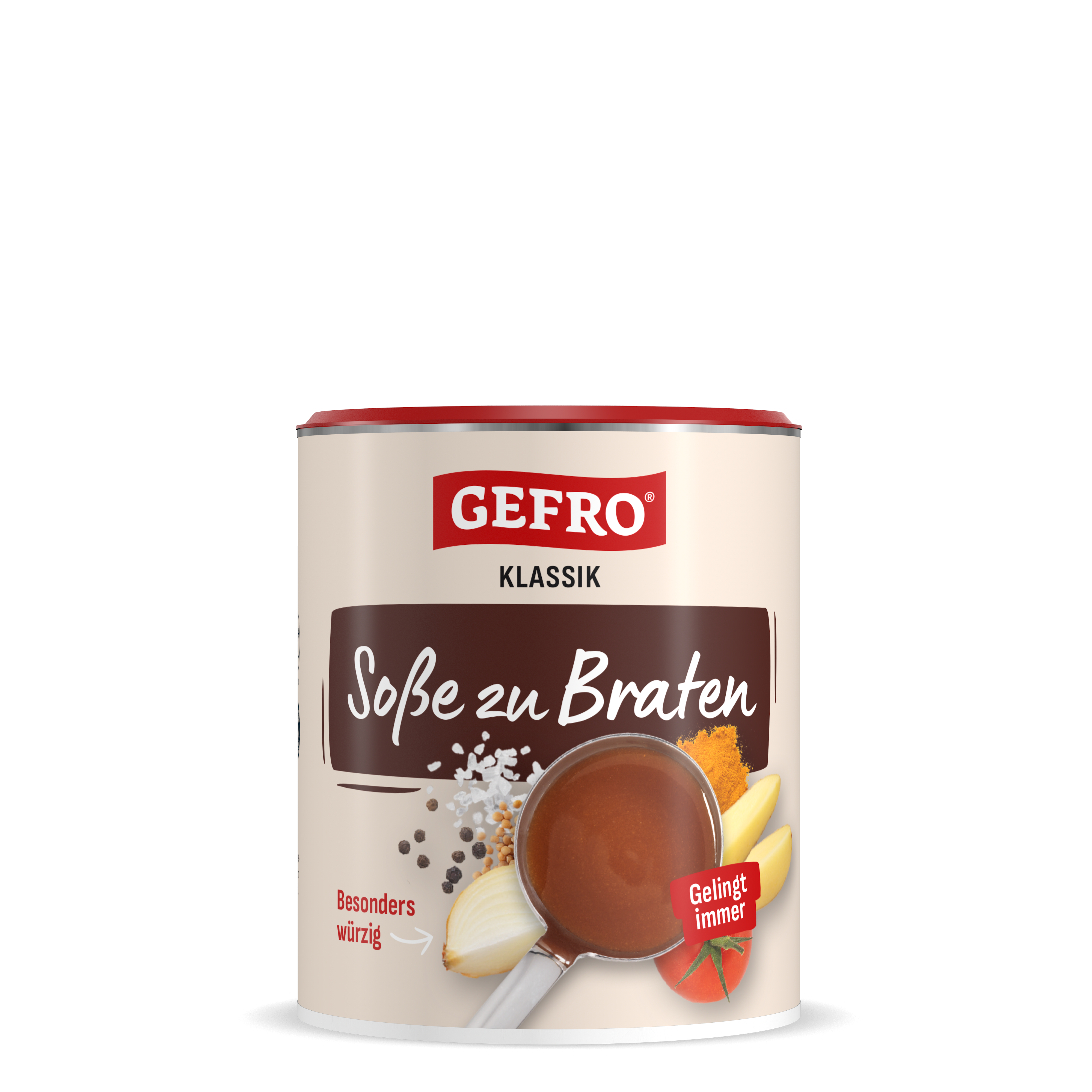 Dose GEFRO Klassik Soße zu Braten, Vorderansicht mit Bratensoße sowie Abbildung von Zwiebel, Gewürzen und Tomate