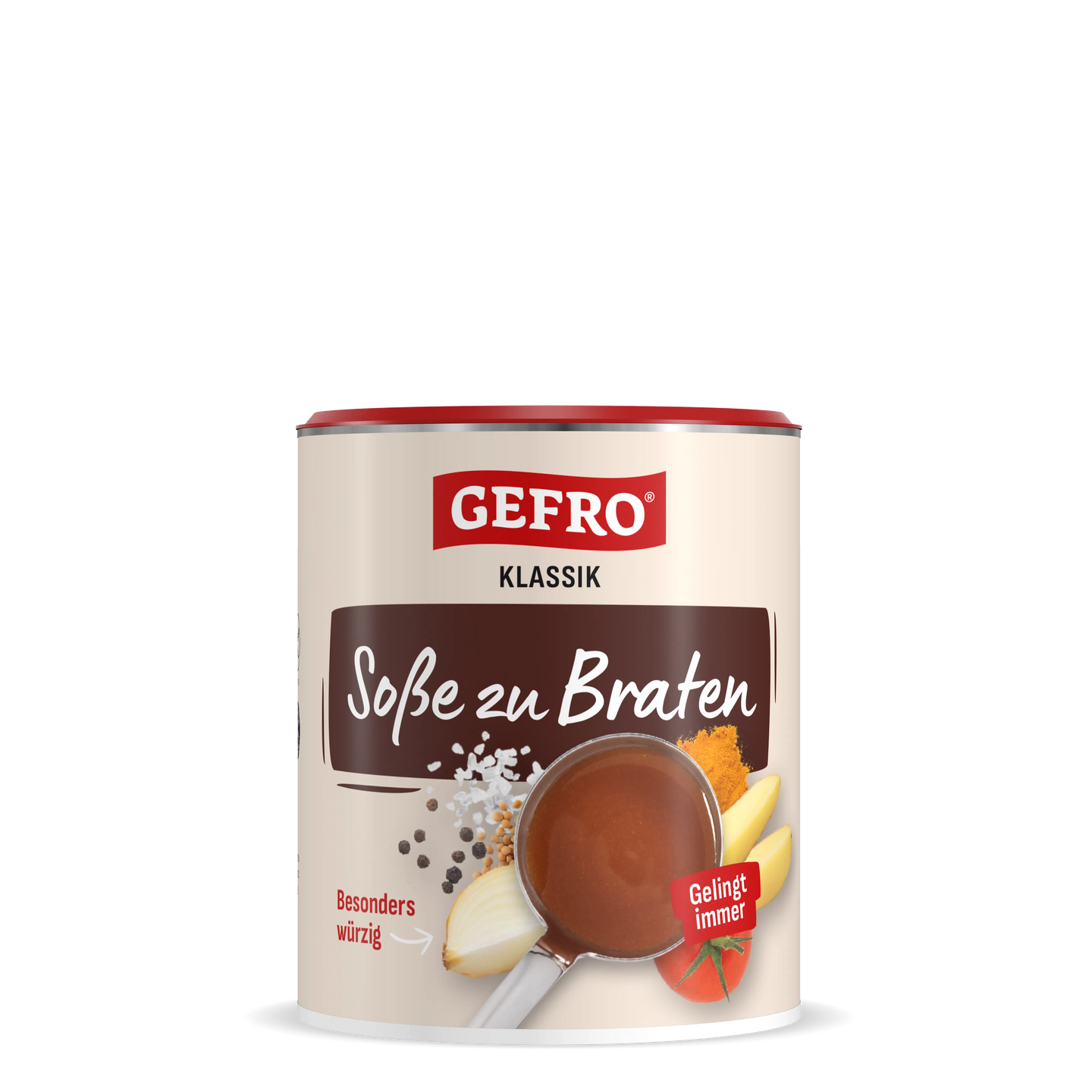 Dose GEFRO Klassik Soße zu Braten, helle Verpackung mit rotem Deckel und Abbildung einer braunen Bratensoße.