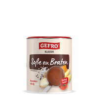 Dose GEFRO Klassik Soße zu Braten, helle Verpackung mit rotem Deckel und Abbildung einer braunen Bratensoße.