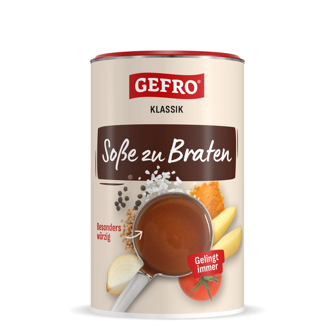 Dose GEFRO Klassik Soße zu Braten, Würzmischung für braune Bratensoße mit Gewürzen und Gemüseabbildungen