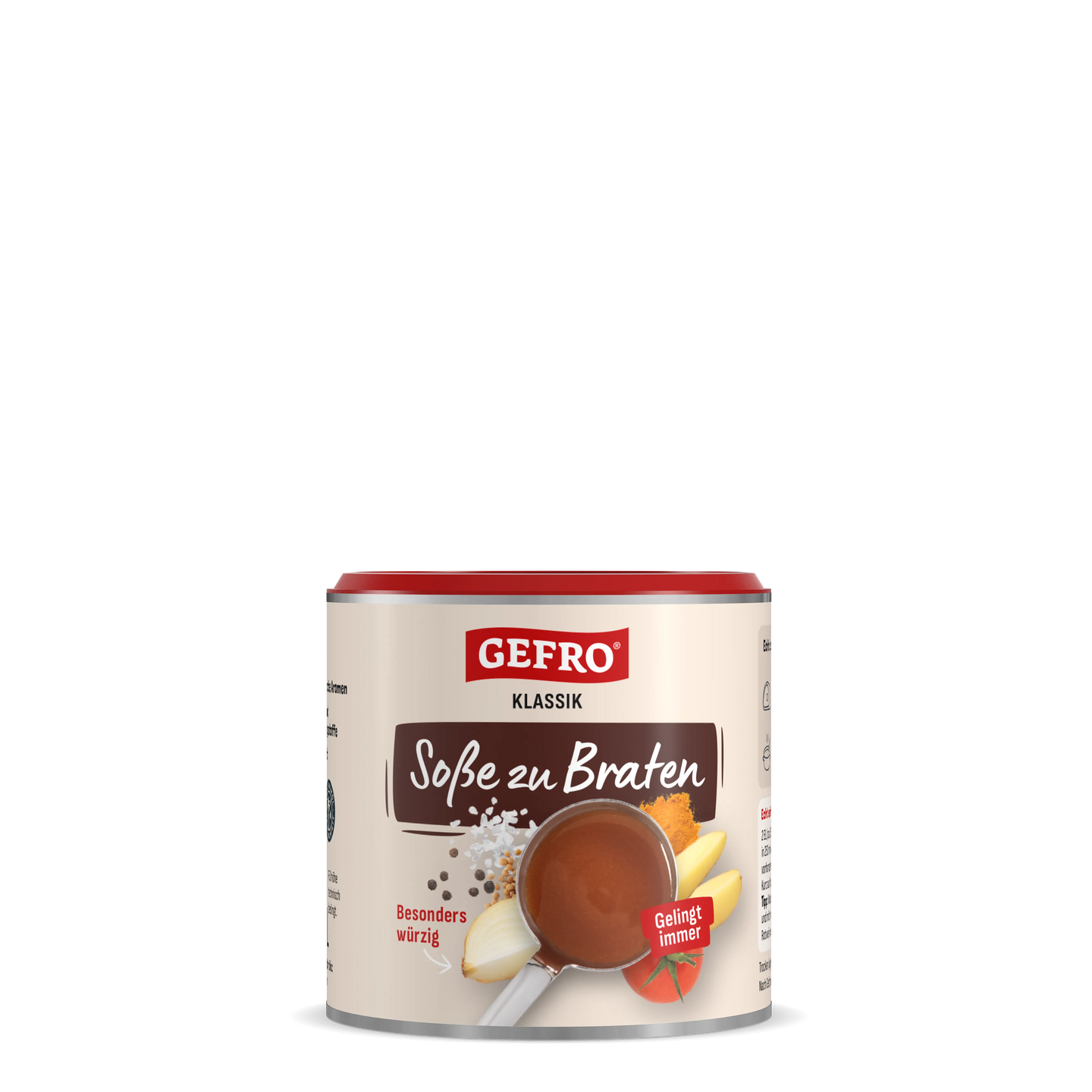 Dose GEFRO Klassik Soße zu Braten, Vorderansicht der Verpackung mit Soße im Topf und Zutatenabbildungen.