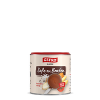 Dose GEFRO Klassik Soße zu Braten, Vorderansicht der Verpackung mit Soße im Topf und Zutatenabbildungen.