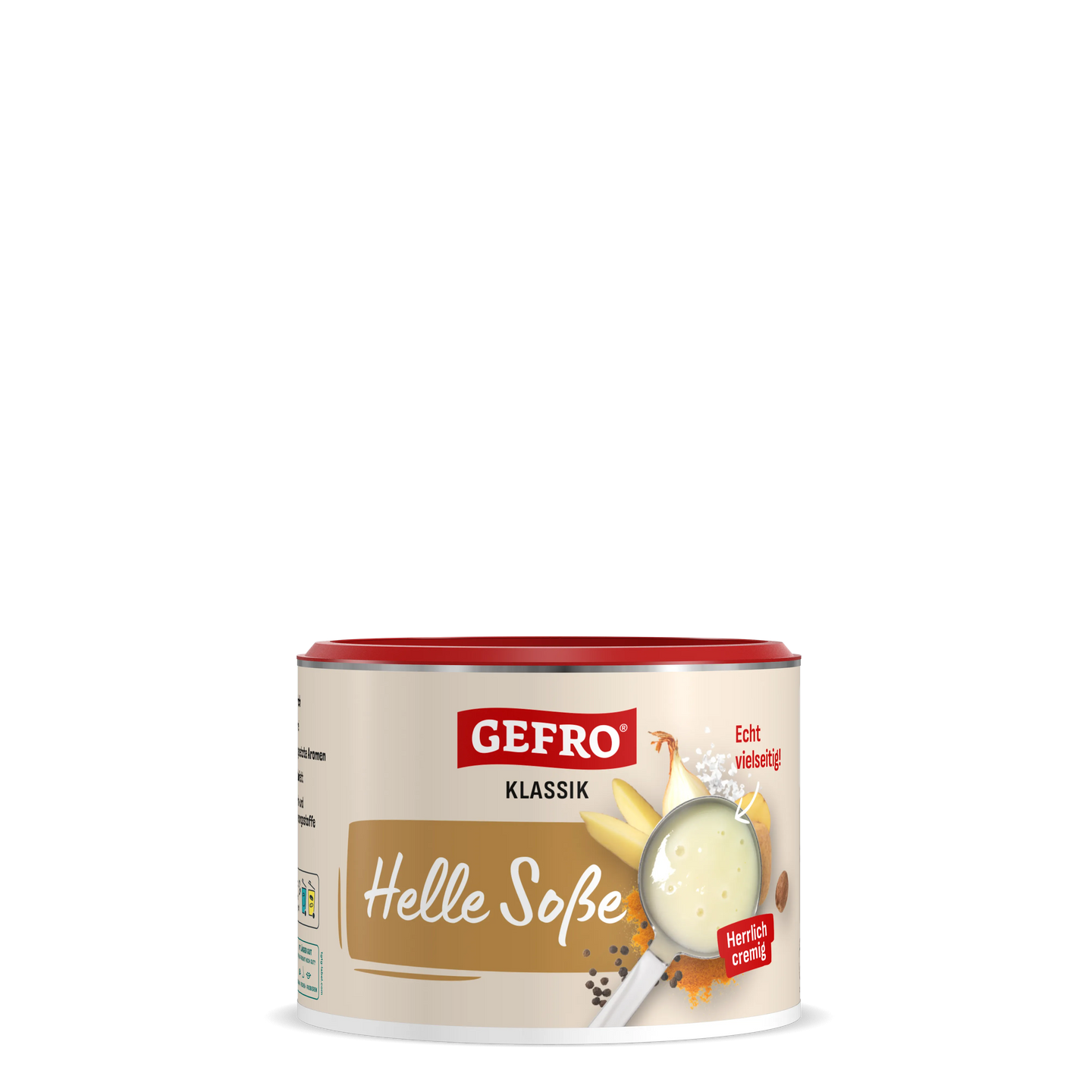 Dose Gefro Klassik Helle Soße mit rotem Deckel, Produktverpackung mit cremiger Soße und Gewürzabbildung.