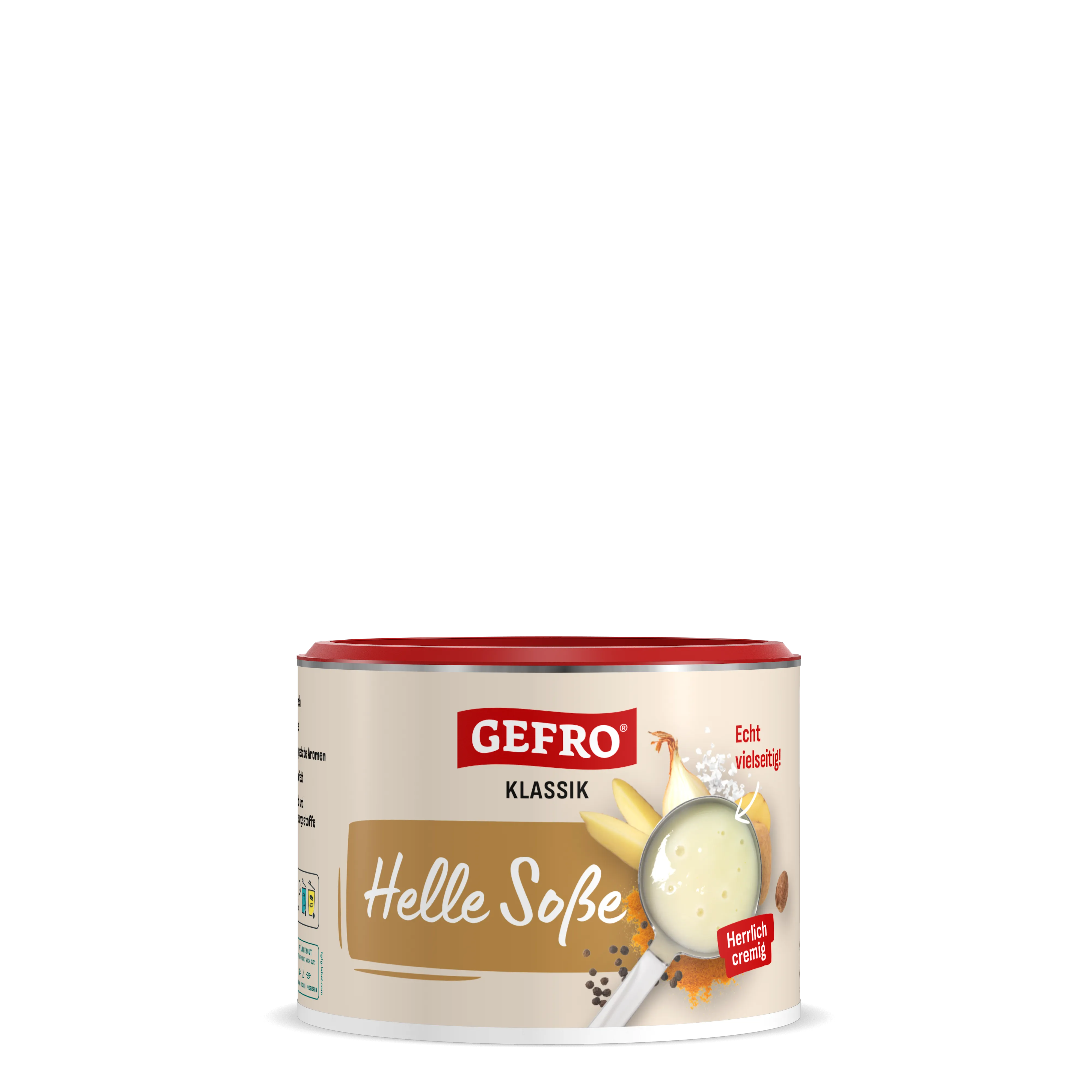 Dose Gefro Klassik Helle Soße mit rotem Deckel, Produktverpackung mit cremiger Soße und Gewürzabbildung.
