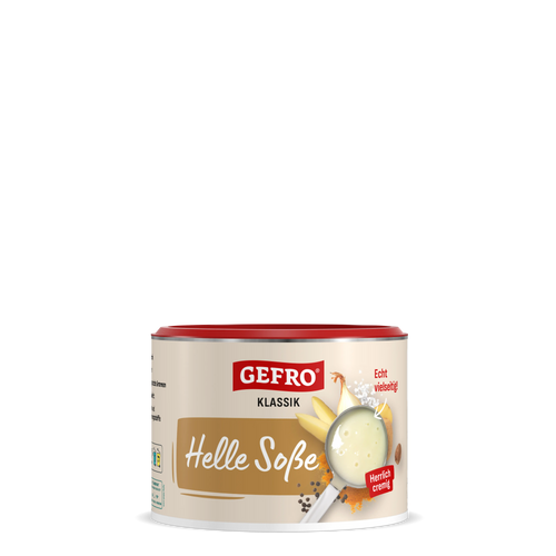 Dose Gefro Klassik Helle Soße mit rotem Deckel, Produktverpackung mit cremiger Soße und Gewürzabbildung.