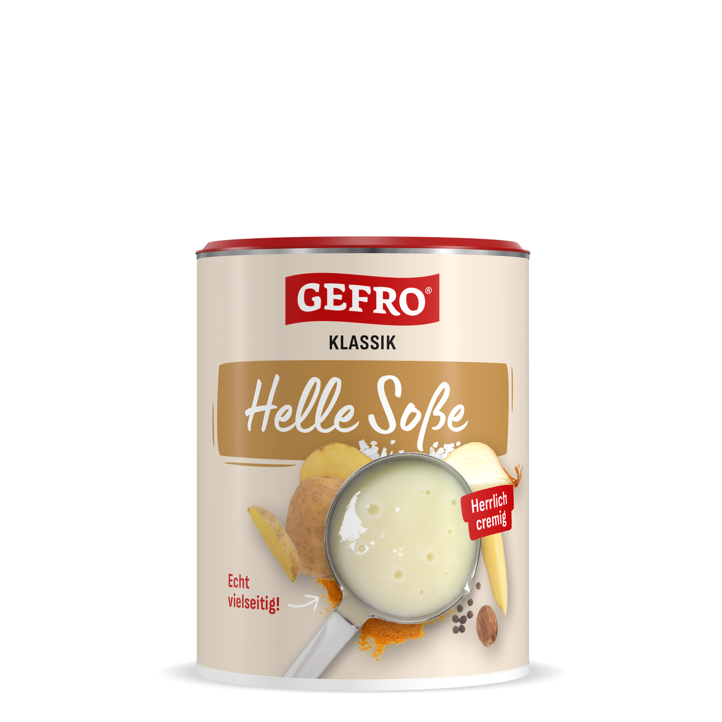 Dose GEFRO Klassik Helle Soße mit cremiger heller Sauce und Zutaten wie Kartoffel, Zwiebel und Käse auf dem Etikett