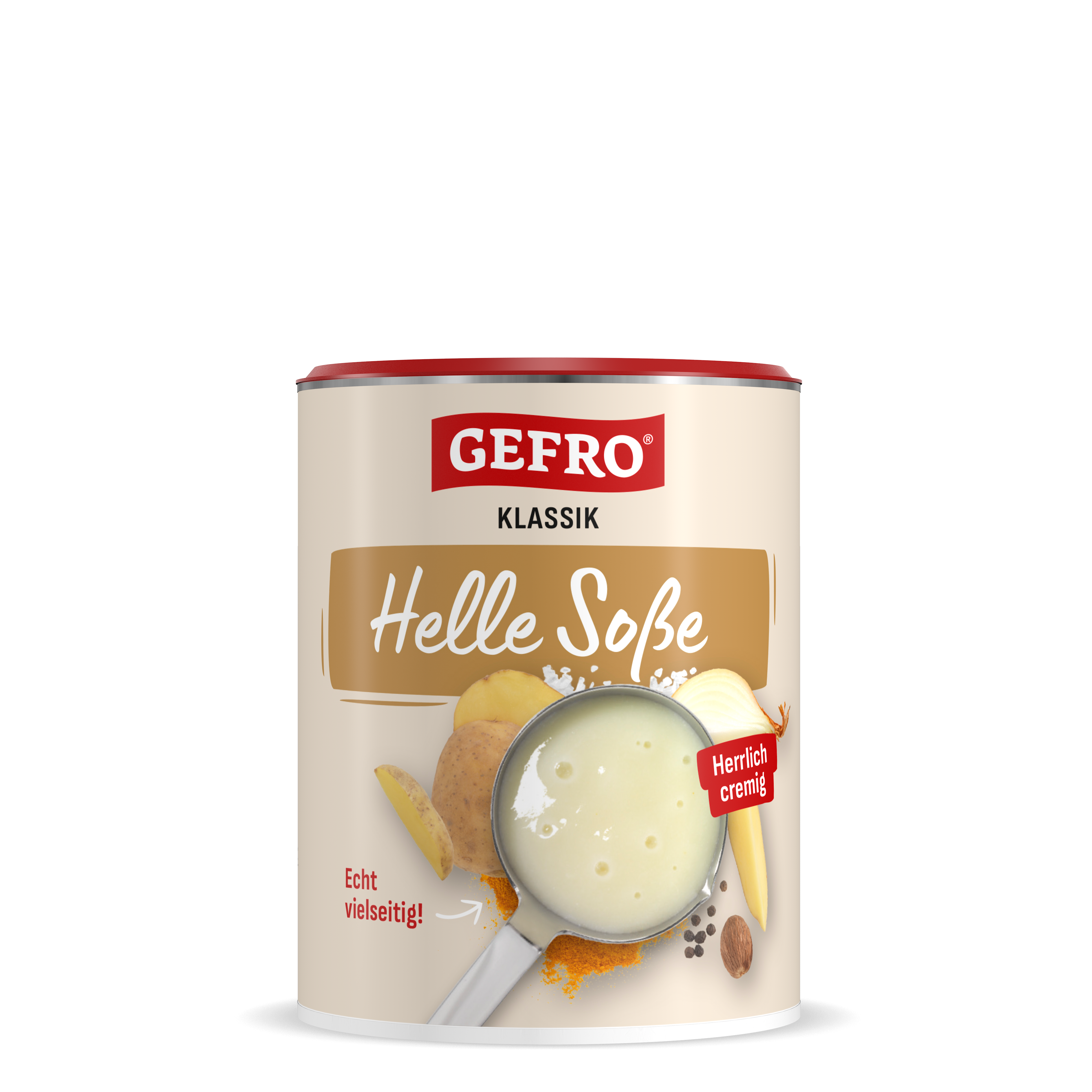 Dose GEFRO Klassik Helle Soße mit cremiger heller Sauce und Zutaten wie Kartoffel, Zwiebel und Käse auf dem Etikett