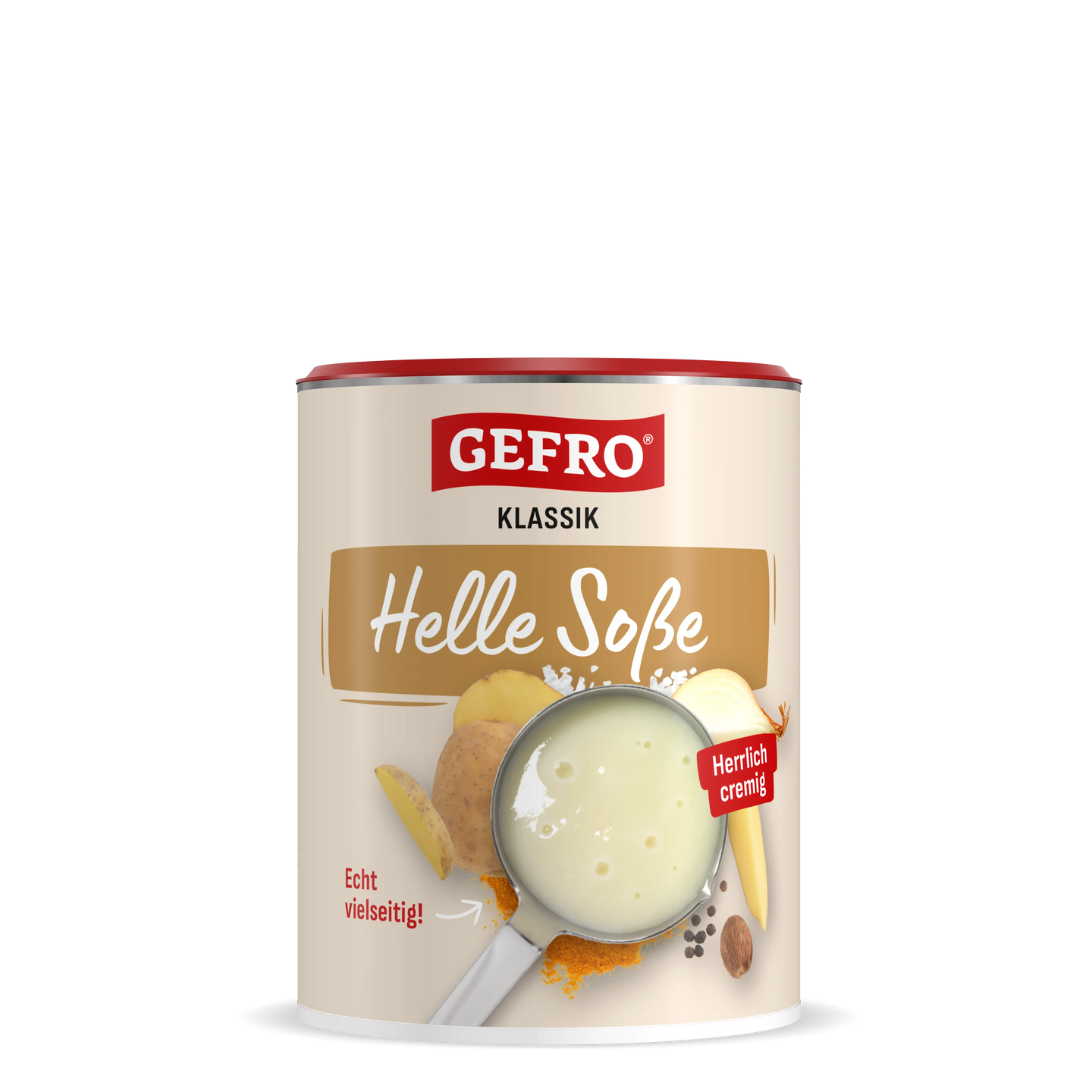 Dose GEFRO Klassik Helle Soße, cremige helle Sauce mit Kartoffel, Zwiebel und Gewürzen auf der Verpackung