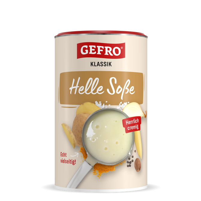 Dose GEFRO Klassik Helle Soße mit cremiger Soße im Topf, Kartoffel, Zwiebel und Gewürzen auf hellem Etikett