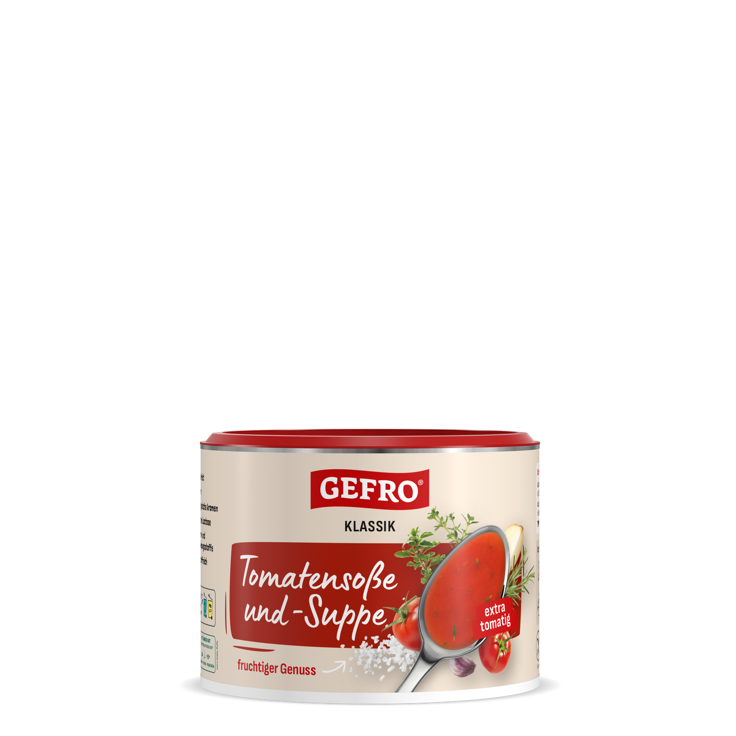 Dose GEFRO Klassik Tomatensoße und -Suppe mit rotem Deckel, Produktansicht für Küche und Vorrat