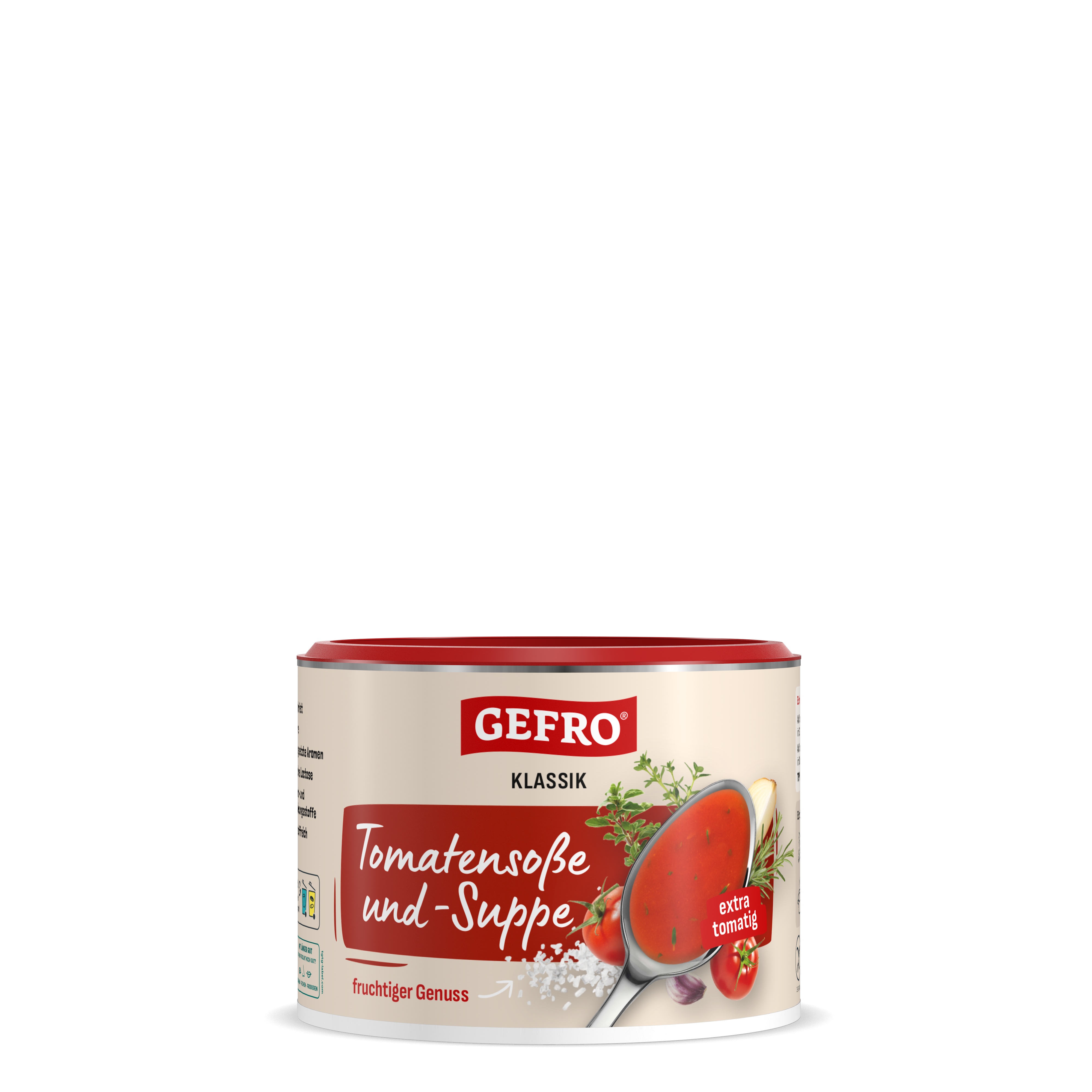Dose GEFRO Klassik Tomatensoße und -Suppe mit rotem Deckel, Produktansicht für Küche und Vorrat