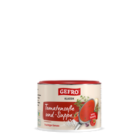 Dose GEFRO Klassik Tomatensoße und -Suppe, extra tomatig, mit Abbildung von Löffel, Tomaten und Kräutern