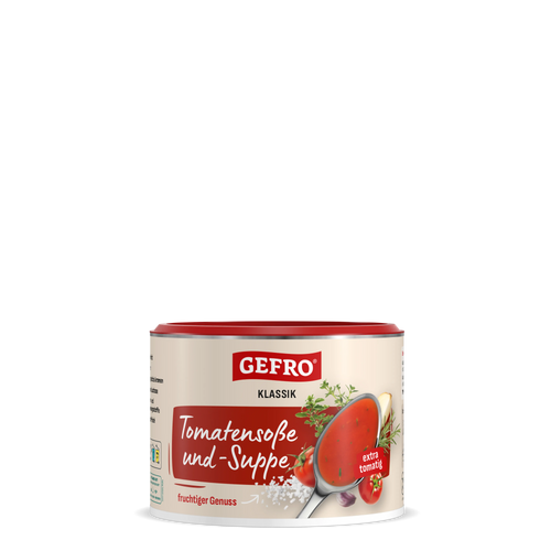 Dose GEFRO Klassik Tomatensoße und -Suppe, extra tomatig, mit Abbildung von Löffel, Tomaten und Kräutern