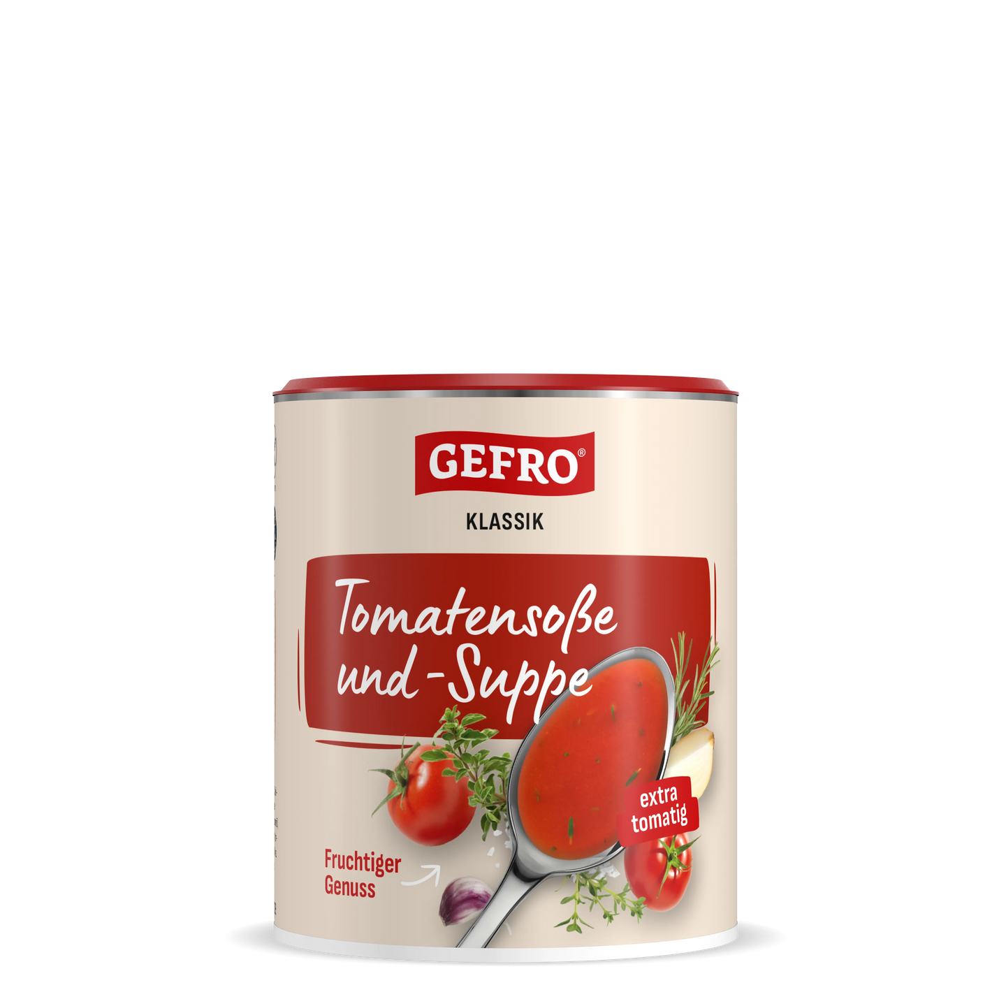 GEFRO Klassik Tomatensoße und -Suppe in Dose, cremefarbenes Design mit rotem Etikett und Tomatenmotiv