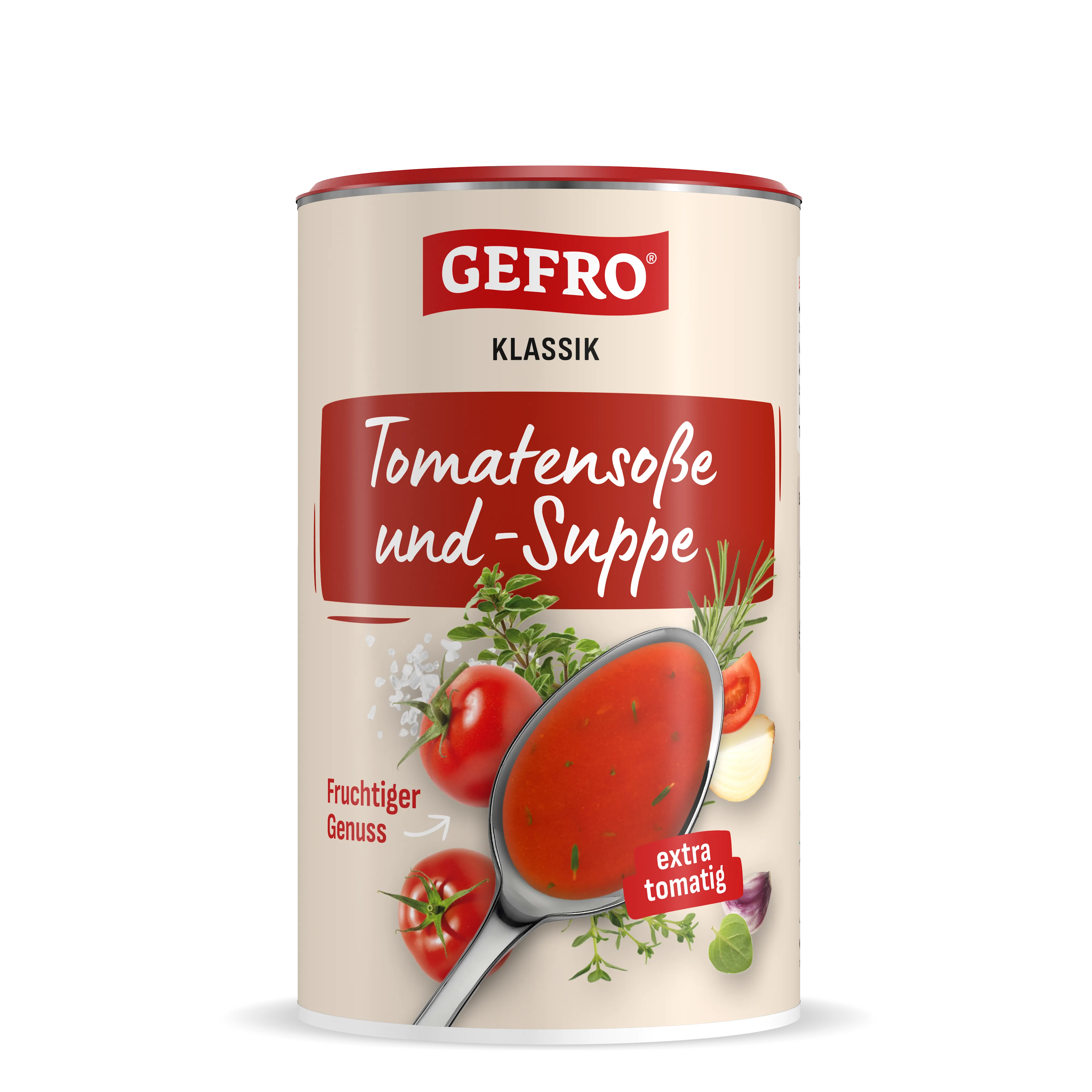 Dose GEFRO Klassik Tomatensoße und -Suppe, Vorderseite mit roter Suppe im Löffel und Tomatenmotiven