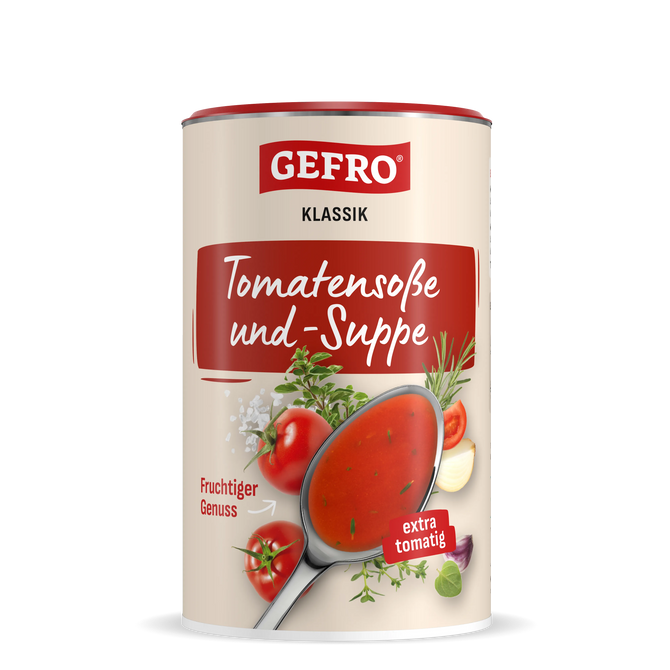 Dose GEFRO Klassik Tomatensoße und -Suppe, Vorderseite mit roter Suppe im Löffel und Tomatenmotiven