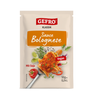 Beutel GEFRO Klassik Sauce Bolognese, vegan mit Soja, 50 g für 0,24 l, mit Pasta und Gemüse auf der Verpackung
