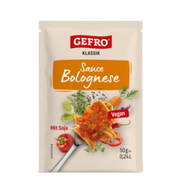 Beutel GEFRO Klassik Sauce Bolognese, vegan mit Soja, 50 g für 0,24 l, mit Pasta und Gemüse auf der Verpackung