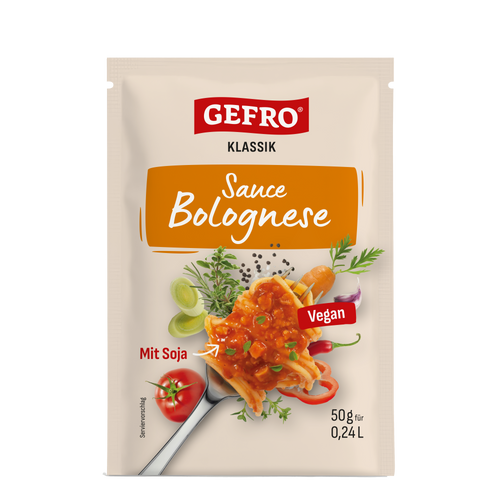 Beutel GEFRO Klassik Sauce Bolognese, vegan mit Soja, 50 g für 0,24 l, mit Pasta und Gemüse auf der Verpackung