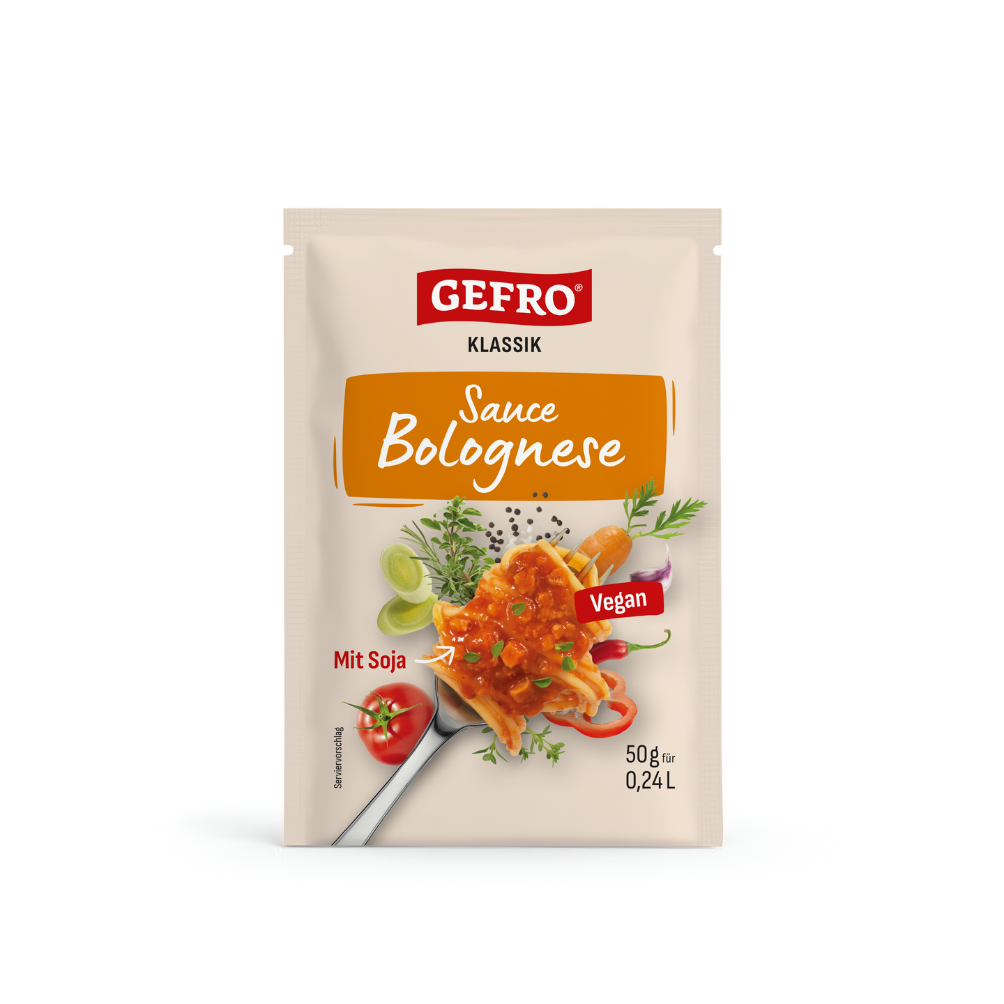 Beutel Gefro Klassik Sauce Bolognese, vegan mit Soja, 50 g, mit Serviervorschlag aus Pasta und Gemüse