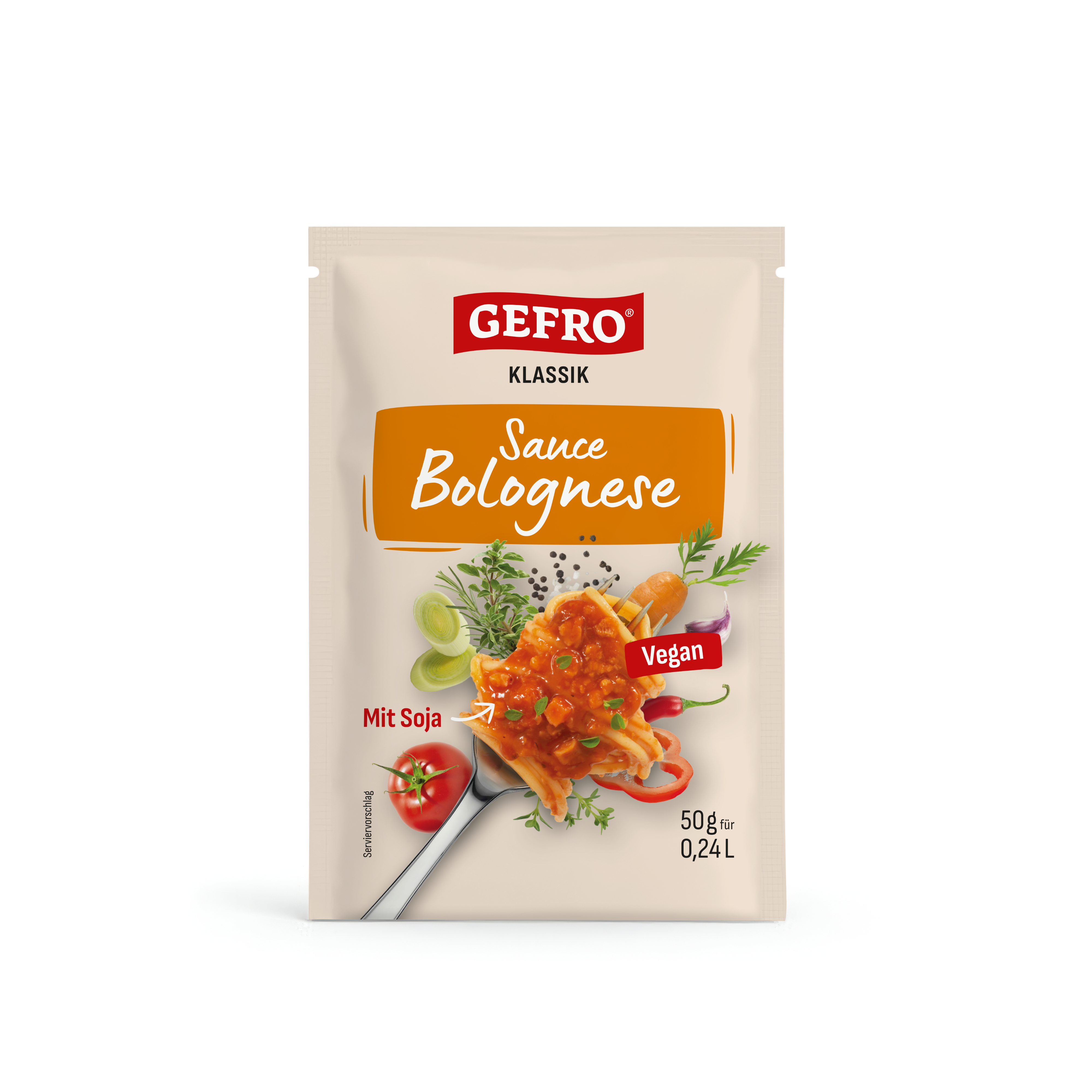 Beutel Gefro Klassik Sauce Bolognese, vegan mit Soja, 50 g, mit Serviervorschlag aus Pasta und Gemüse