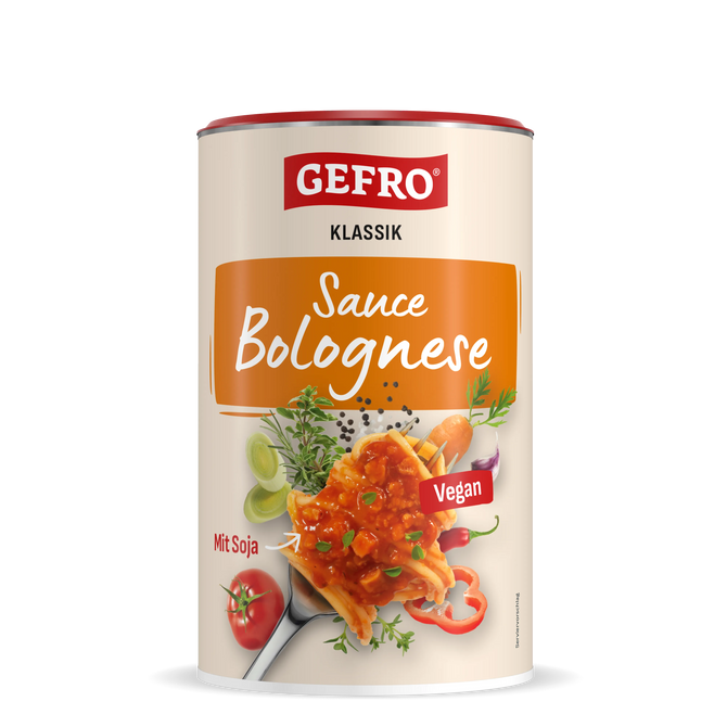 Dose Gefro Klassik Sauce Bolognese vegan mit Soja, Produktabbildung mit Pasta, Tomate, Kräutern und Gemüse