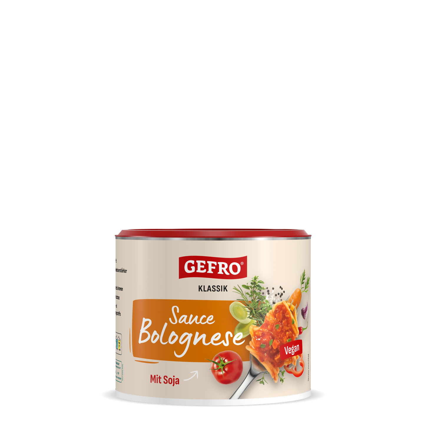 Dose GEFRO Klassik Sauce Bolognese mit Soja, vegane Würzsauce auf hellem Hintergrund freigestellt