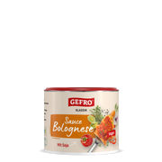 Dose Gefro Klassik Sauce Bolognese vegan mit Soja, Produktabbildung mit Pasta, Tomate, Kräutern und Gemüse