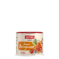 Dose Gefro Klassik Sauce Bolognese mit Soja, vegane Fertigsauce in heller Verpackung mit rotem Deckel