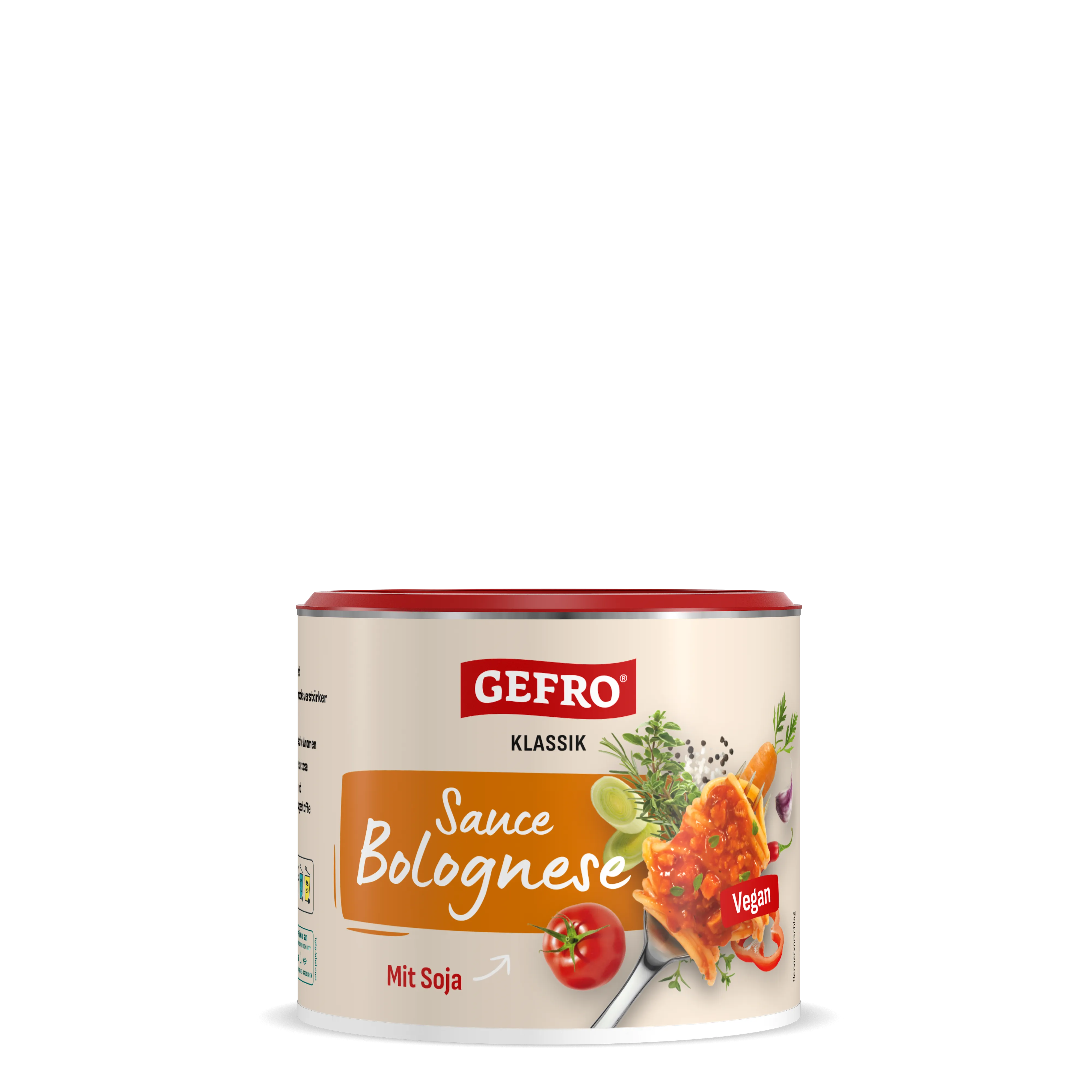 Dose Gefro Klassik Sauce Bolognese mit Soja, vegane Fertigsauce in heller Verpackung mit rotem Deckel