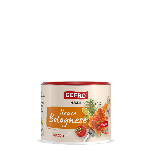 Dose Gefro Klassik Sauce Bolognese mit Soja, vegane Fertigsauce in heller Verpackung mit rotem Deckel