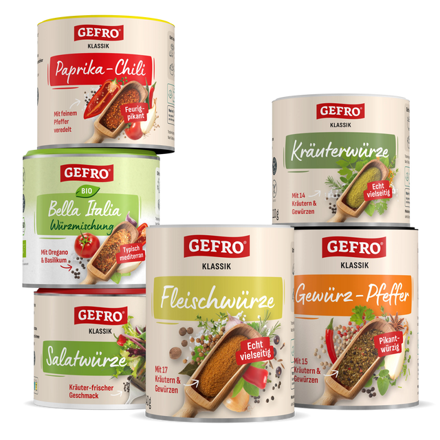 Sechs GEFRÖ Gewürzdosen mit verschiedenen Mischungen, darunter Paprika-Chili, Kräuterwürze und Salatwürze.