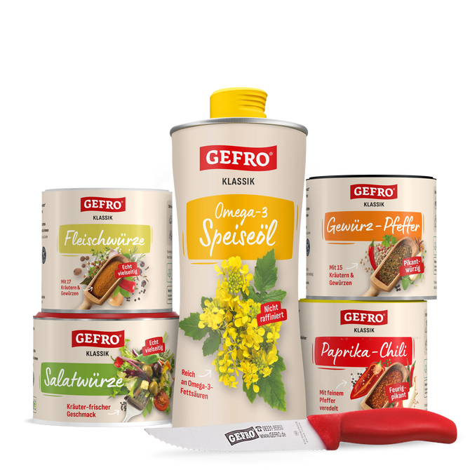 GEFRO Gewürze und Omega-3-Speiseöl als Produktset mit Küchenmesser, freigestellt vor schwarzem Hintergrund
