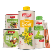 Gefro Produkte für Salat und Öl: Omega-3 Speiseöl, Basilikumöl, Salatwürze, Salat-Dressing und Dressing-Stick