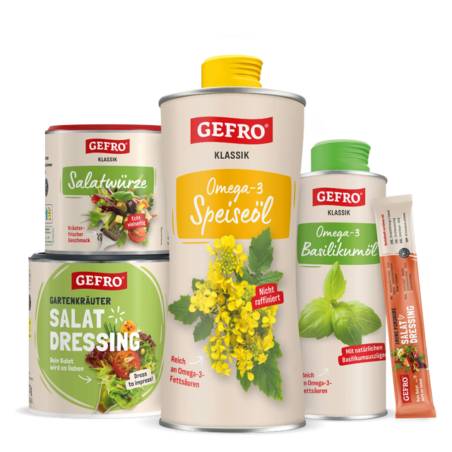 Gefro Produkte für Salat und Öl: Omega-3 Speiseöl, Basilikumöl, Salatwürze, Salat-Dressing und Dressing-Stick