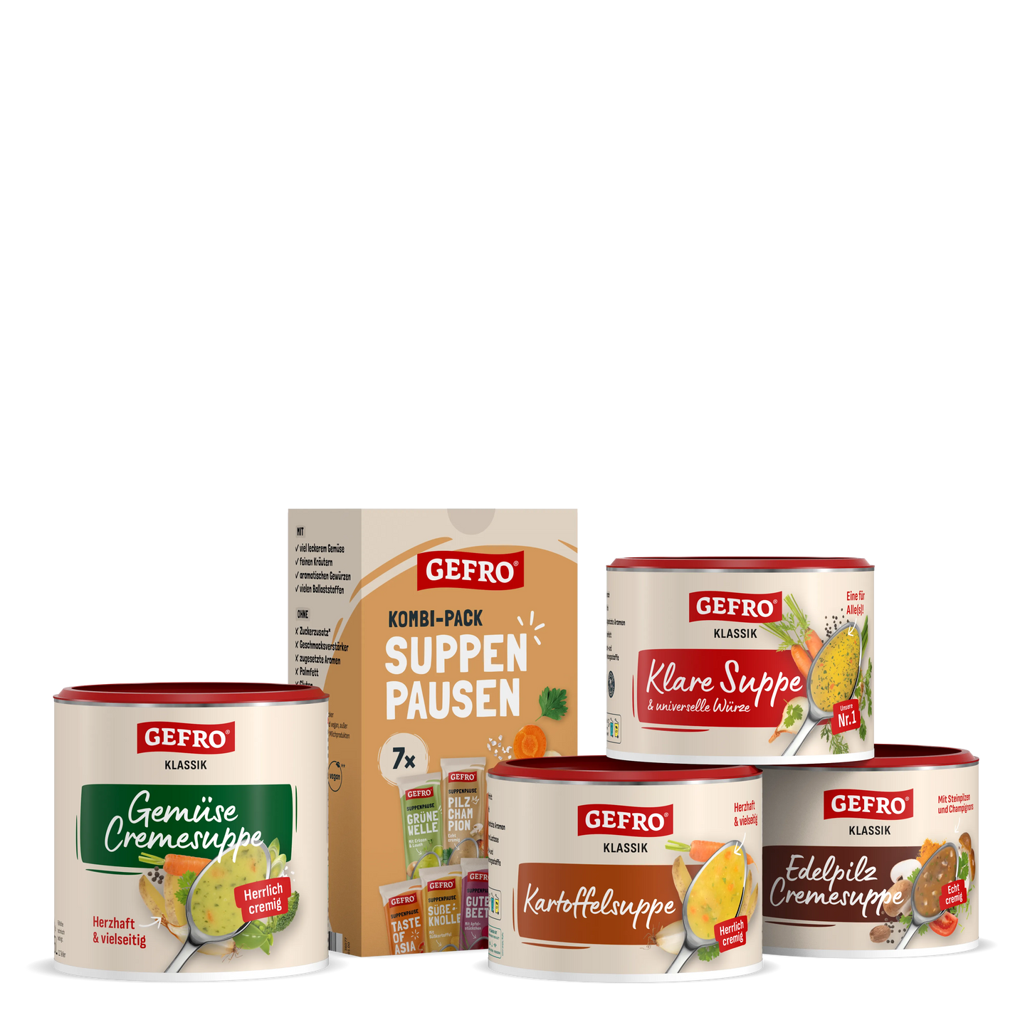 GEFRO Suppen-Set mit Kombi-Pack und vier Dosen für Gemüse-, Kartoffel-, Edelpilzcremesuppe und klare Suppe