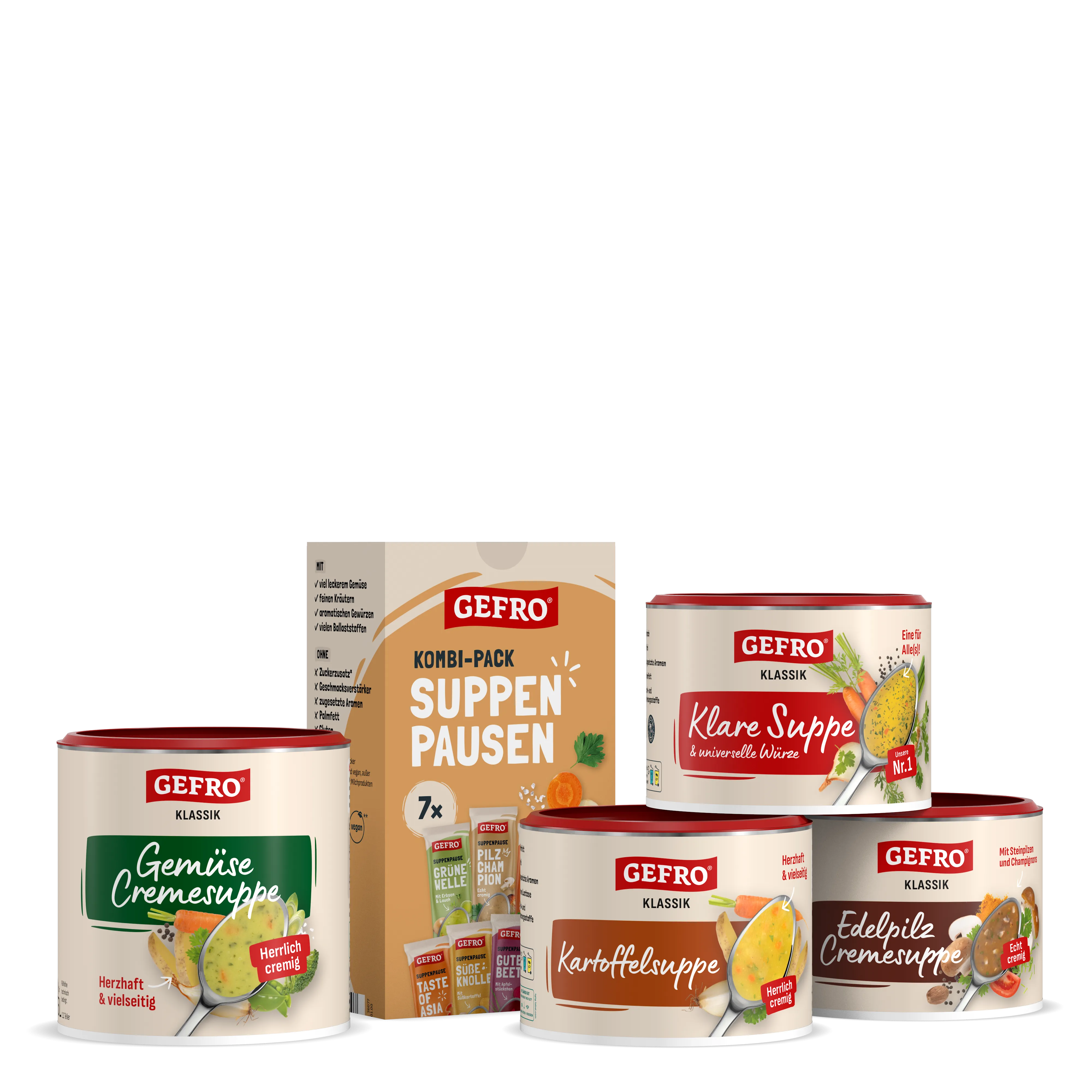 GEFRO Suppen-Set mit Kombi-Pack und vier Dosen für Gemüse-, Kartoffel-, Edelpilzcremesuppe und klare Suppe