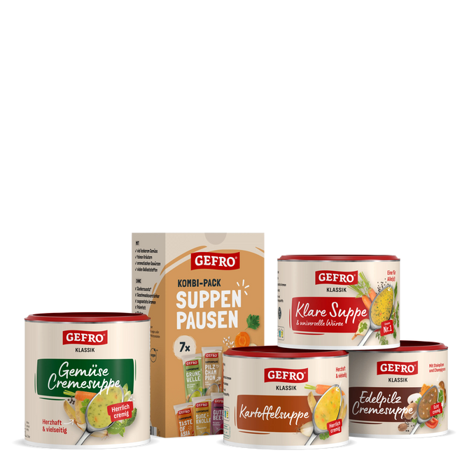 GEFRO Suppen-Set mit Kombi-Pack und vier Dosen für Gemüse-, Kartoffel-, Edelpilzcremesuppe und klare Suppe