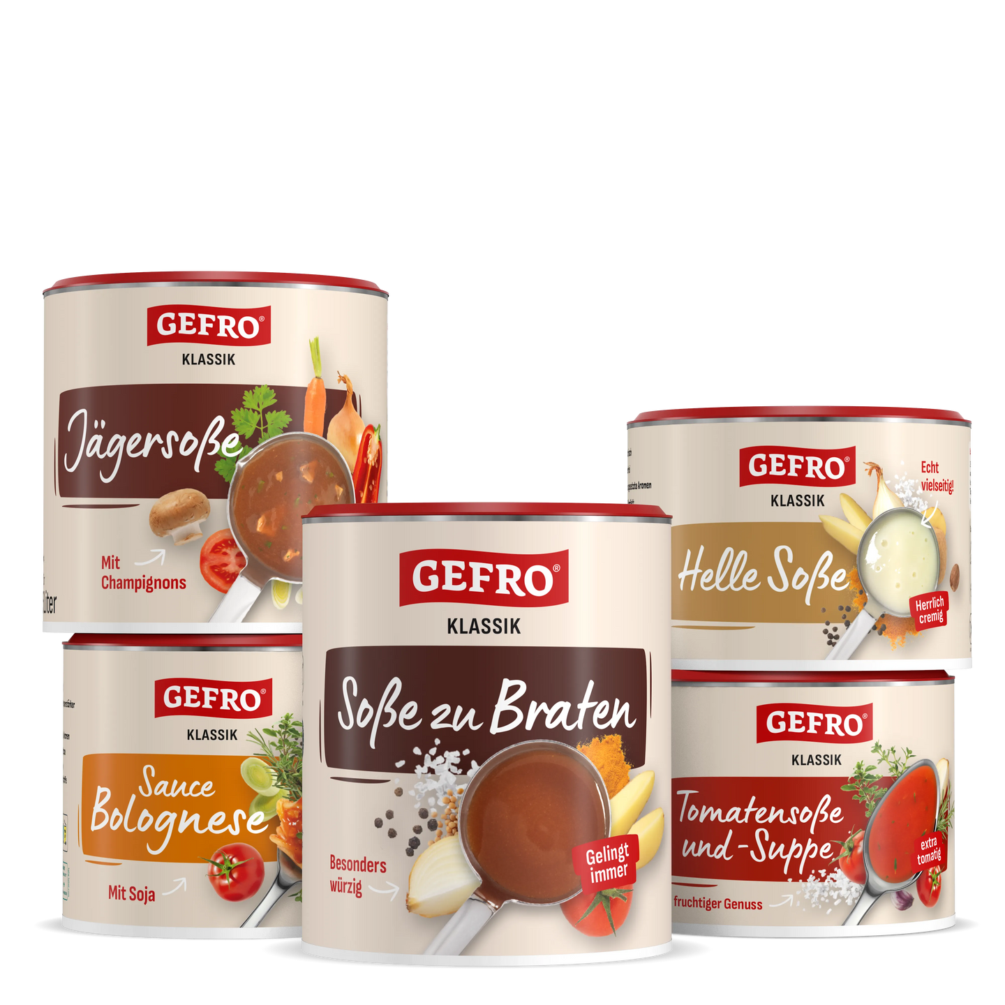 Fünf GEFRO Klassik Dosen mit Soßen und Suppen, darunter Jägersoße, helle Soße und Sauce Bolognese im Set