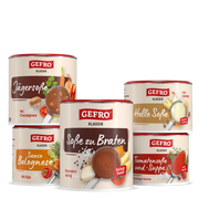 Fünf GEFRO Klassik Dosen mit Soßen und Suppen, darunter Jägersoße, helle Soße und Sauce Bolognese im Set